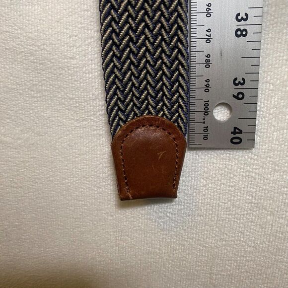 Tommy Bahama Leather Trim Woven Stretch Belt Blue Tan Braided Elastic Size S/M - Picture 9 of 9